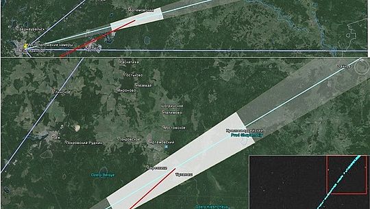The sector of possible meteorite fall is marked on the map with a divergent sector. The area of the most intense pouring is the most possible location. The red line shows the most probable trajectory. The gray line in the center is the direction to the st